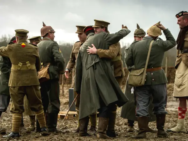 Des soldats en uniforme s'embrassent, une scène évoquant la trêve de Noël 1914.