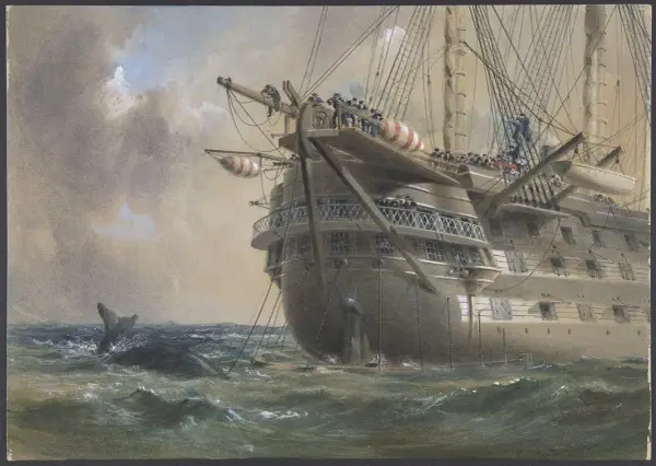 Un navire historique, peut-être celui du premier câble transatlantique, navigue en mer. Une baleine surgit des vagues.