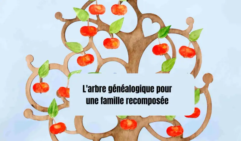 Un arbre généalogique pour une famille recomposée, symbolisé par des fruits rouges et des feuilles vertes sur un fond bleu pâle.